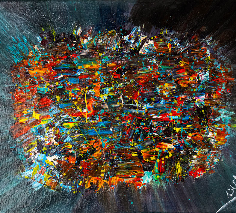 Baby Cosmo by Elmi Abstracts - A heavily textured abstract painting featuring a compact, colorful burst of energy against a dark background.