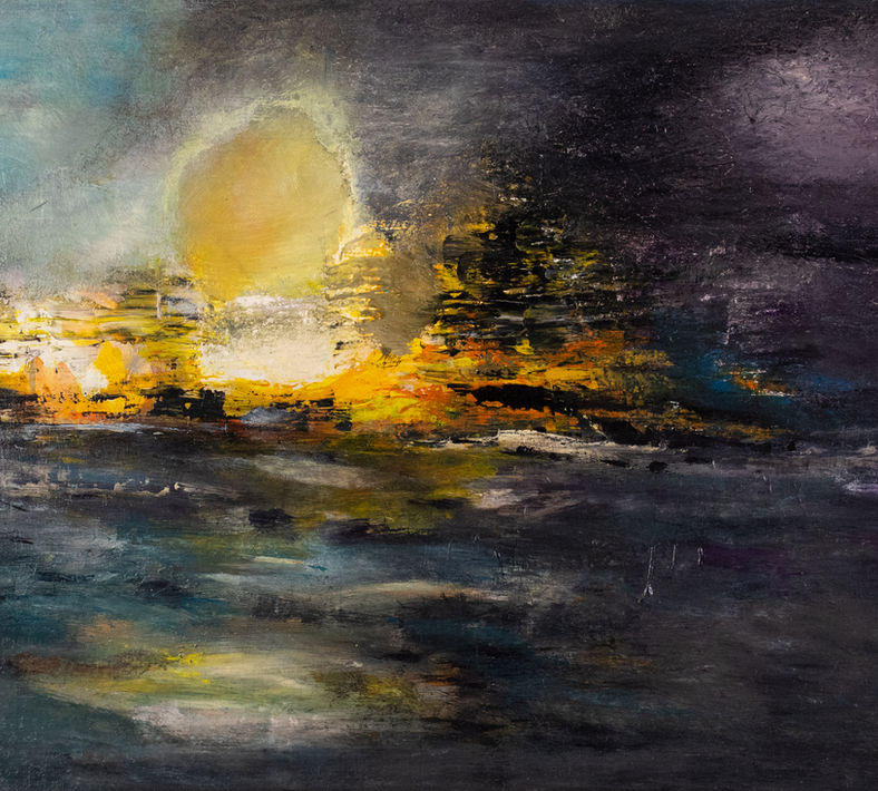 L'Ombra della Luna / Shadow of the Moon by Elmi Abstracts - An abstract expressionist moonlight seascape with glowing gold and deep shadows.