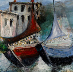 Close-up detail of traditional boats and textured brushwork in the painting Eyl: Mother's Land by Arlia-Hamda Elmi.