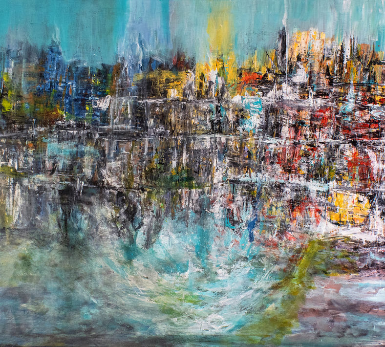 Abstract expressionist painting titled Acrylic by Elmi Abstracts, featuring heavy texture and vibrant, fluid brushwork in deep blues, ambers, and earth tones.