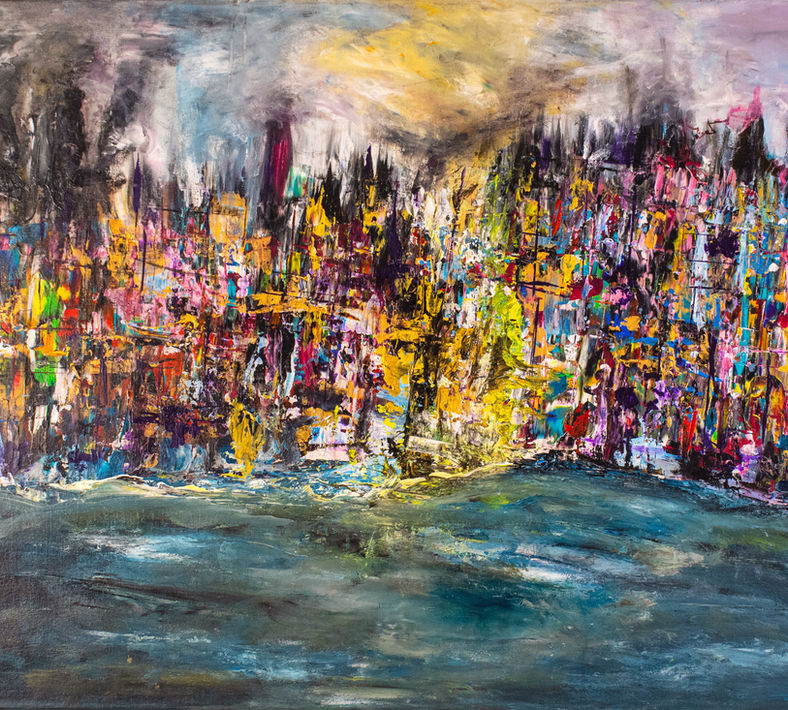 Story Day in Fishermen's Village in Italian Riviera by Arlia-Hamda Elmi - A textured abstract painting of a colorful Mediterranean village by the water.