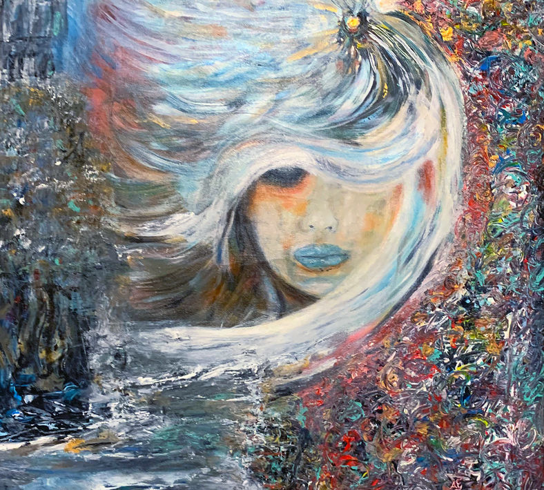 Whispering Arctic Wind by Elmi Abstracts - A textured abstract painting featuring a stylized portrait surrounded by swirling, windy brushstrokes.