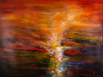Abstract painting Crimson Dreams featuring thick, vibrant layers of crimson, gold, and deep earth tones, inspired by lifelong memories of Savanna sunsets and the nomadic spirit.