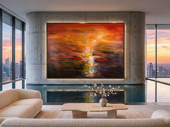 A large-scale abstract acrylic painting titled Crimson Dreams displayed in a modern, luxury living room, highlighting its rich crimson and golden tones inspired by Savanna sunsets.