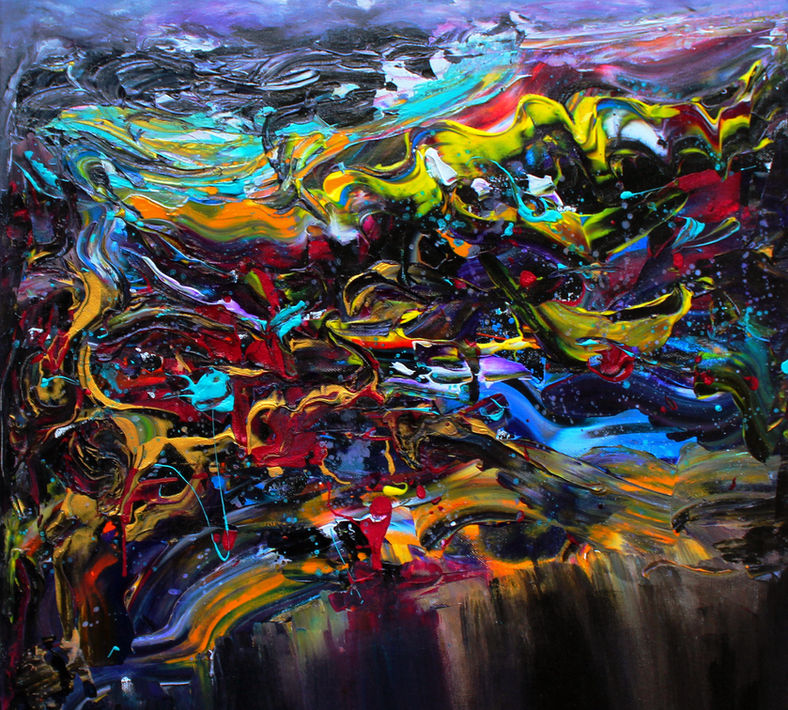Lava'Liquid Dance by Arlia-Hamda Elmi - A textured abstract painting featuring fluid, fiery colors blending with dark liquid tones.