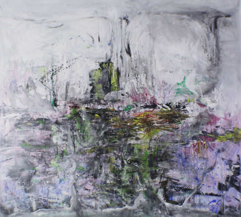Strength Bloom by Elmi Abstracts - A textured abstract painting featuring ethereal grey and white tones with rich bursts of color.