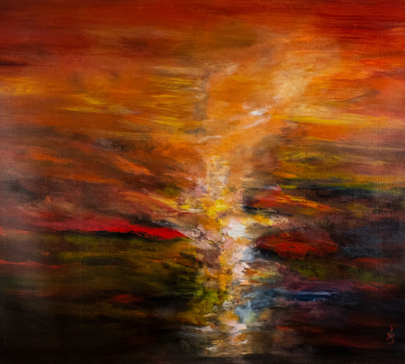 Crimson Dreams by Elmi Abstracts - A textured abstract landscape painting featuring fiery crimson and golden tones reflecting over a dark horizon.
