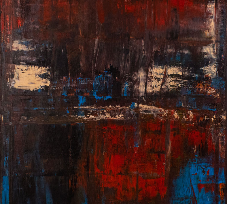 Sunset at Dock on the Sea by Elmi Abstracts - A heavily textured abstract painting featuring bold red and dark tones evoking a coastal twilight.