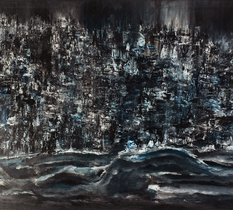 Abstract expressionist painting titled Atlantis in Ashes by Elmi Abstracts featuring moody monochromatic textures in charcoal, silver, and dark tones depicting a submerged landscape.