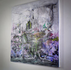 Abstract expressionist mixed media painting titled "Strength in Bloom," a symbolic artwork dedicated to a goddaughter, featuring rich textures and dynamic, colorful gestural layers.