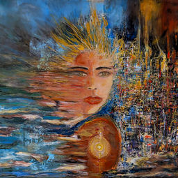 Atlantis Goddess by Elmi Abstracts, abstract expressionist painting featuring a glowing golden orb and a face emerging from textured blue sea and architectural forms.