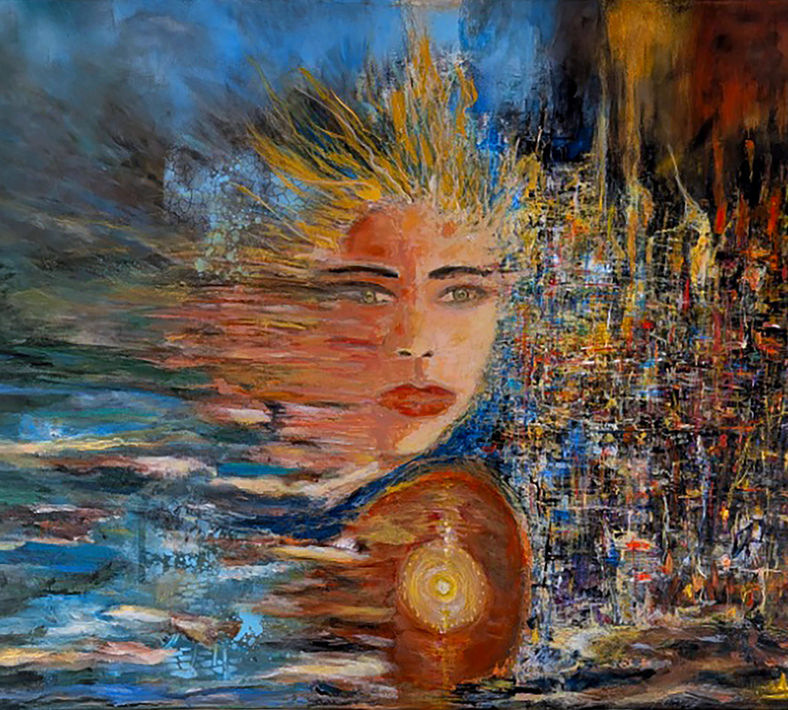 Abstract expressionist painting, Atlantis Goddess by Elmi Abstracts, featuring a glowing golden orb and a face emerging from textured blue sea and architectural forms.
