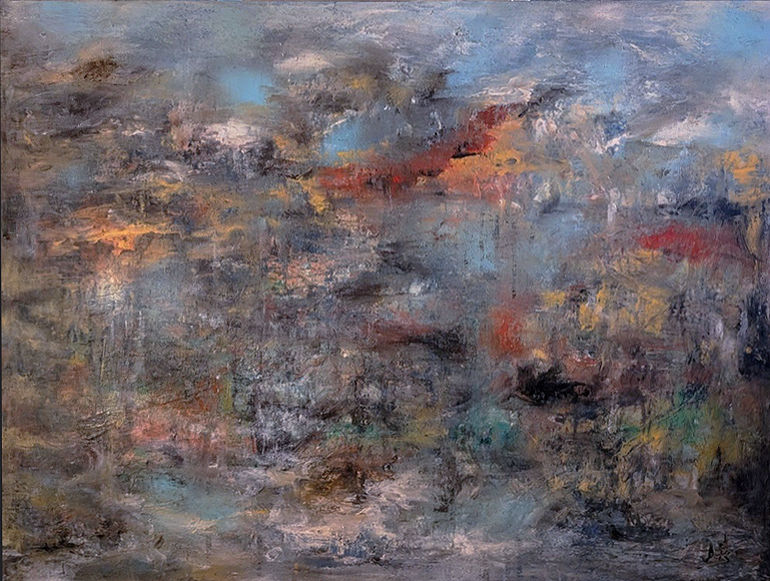 Abstract expressionist painting featuring layered textures of cool slate blue, earthy tones, and dynamic red highlights titled Silent Tundra by Arlia-Hamda Elmi.