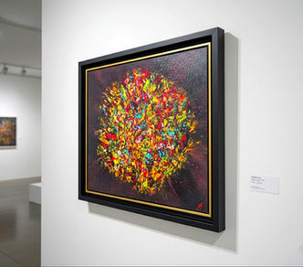 Abstract expressionist painting titled "Cosmic Bloom," characterized by a burst of vibrant colors, rich textures, and expressive, dynamic brushwork by Arlia-Hamda Elmi.