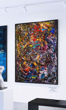 Abstract expressionist painting titled "Celestial Dance," featuring intricate gestural marks, rich impasto textures, and a dynamic, rhythmic composition of vibrant colors.