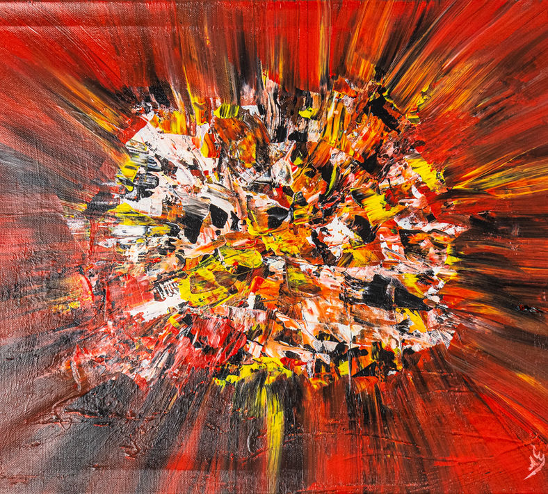 Inner Light of the Soul by Elmi Abstracts - A heavily textured abstract painting featuring a bright, energetic explosion of white, gold, and red against a dark, dynamic background.