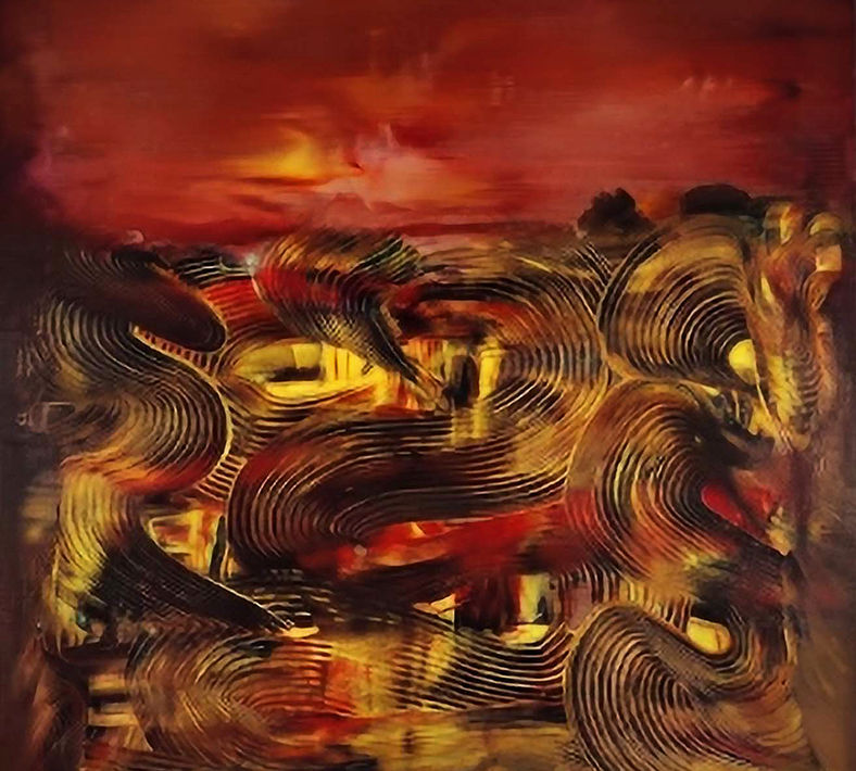 Golden Hour by Elmi Abstracts - A textured abstract landscape painting featuring luminous golden and warm crimson tones.