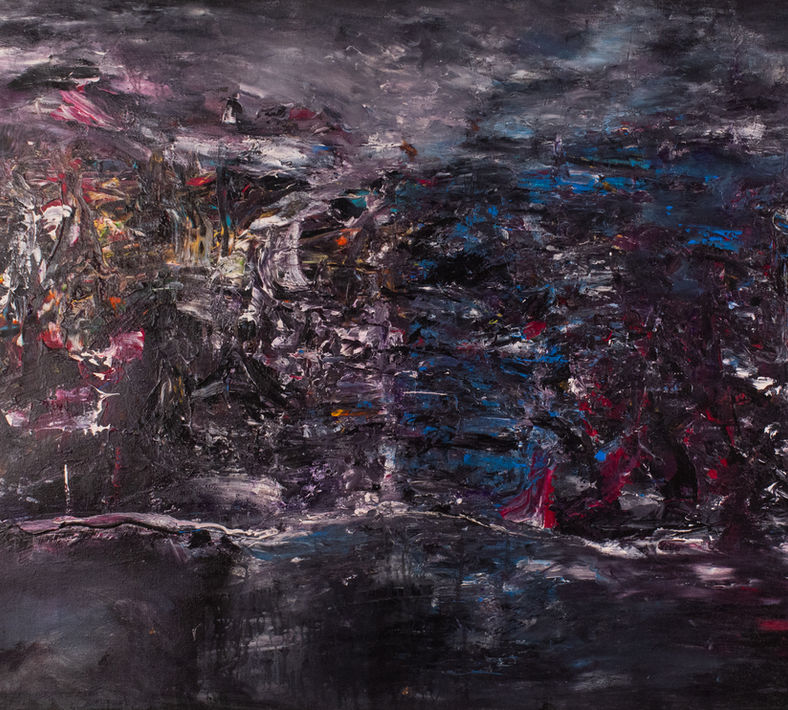 Stormy Sea in Herttoniemi, Helsinki by Elmi Abstracts - A textured abstract painting of a moody, turbulent sea under a dark northern sky.