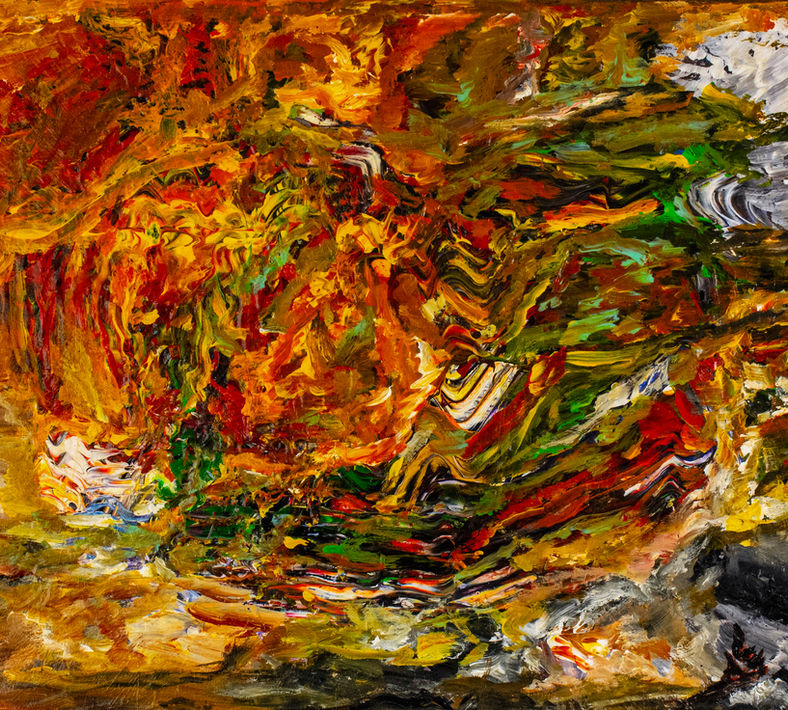 At Dawn / Aamun Aikaan by Elmi Abstracts - A heavily textured abstract landscape painting showcasing the vibrant glow of early morning light.