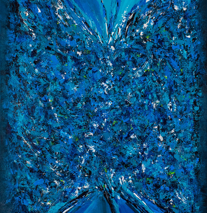 Midnight Sapphire Butterfly by Elmi Abstracts - A textured abstract painting featuring deep blue and sapphire tones in a symmetrical, butterfly-like form.