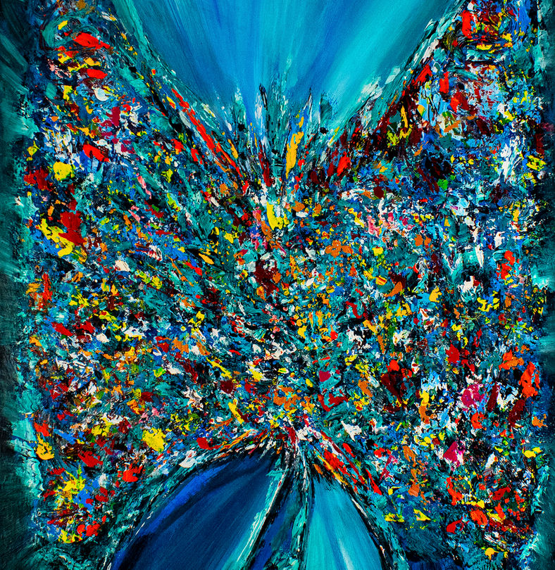 The Burst, Cosmic Butterfly by Elmi Abstracts - A textured abstract painting showing a brilliant, colorful cosmic burst against a vibrant blue backdrop.