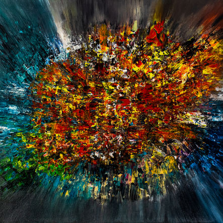A powerful abstract expressionist work bursting with radiant reds, oranges, and golden tones, representing a supernova-inspired universal explosion. Abstract expressionist painting by Elmi Abstracts.