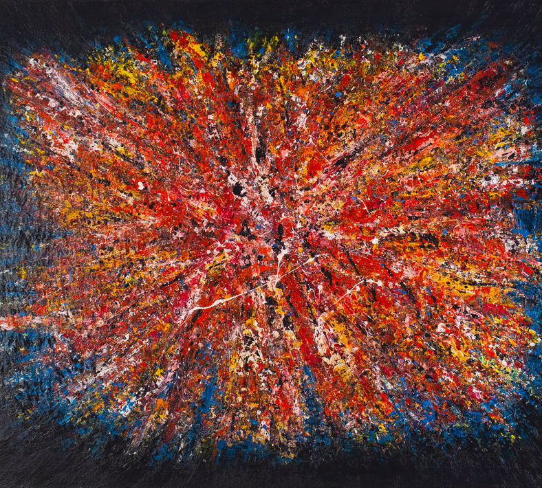 Inner Light of the Soul by Elmi Abstracts - A heavily textured abstract painting featuring an intense, wide explosion of red, orange, and blue hues against a dark background.