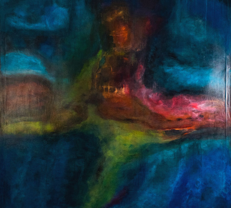 Lights and Shadows in the Heart of the Sea by Arlia-Hamda Elmi - A textured abstract painting showing light emerging through deep ocean layers.