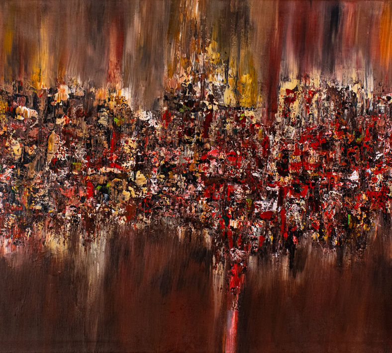 Autumn's Whisper by Elmi Abstracts - A heavily textured abstract landscape painting showcasing a rich tapestry of autumn colors reflected over deep waters.