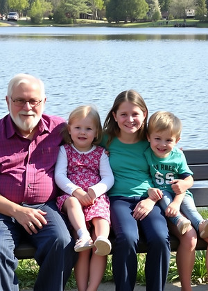 a grandfather, son, daughter and grandchild sit on a bench near a lake.jpg