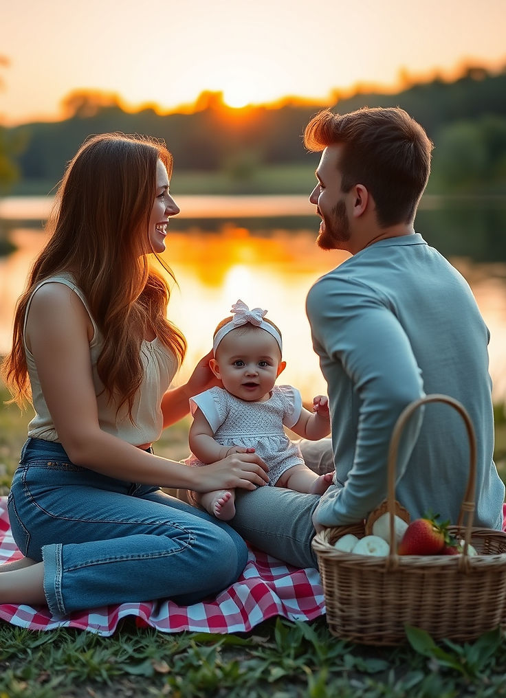 a beautiful young couple and baby having a picnic on the ground by a lake with the sun set
