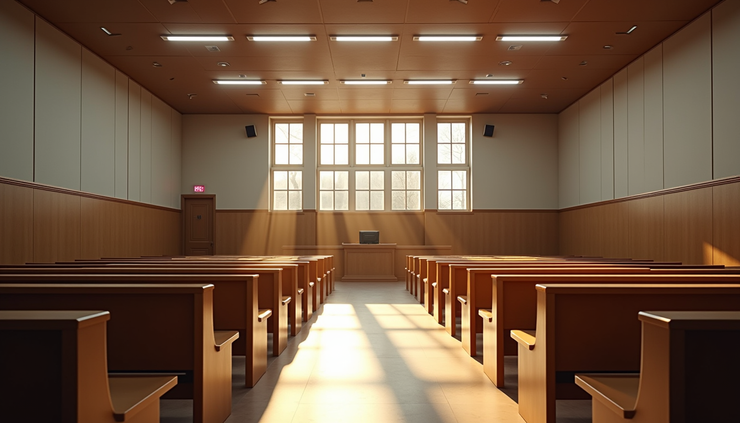 Eye-level view of a quiet, empty courtroom with sunlight streaming through tall windows