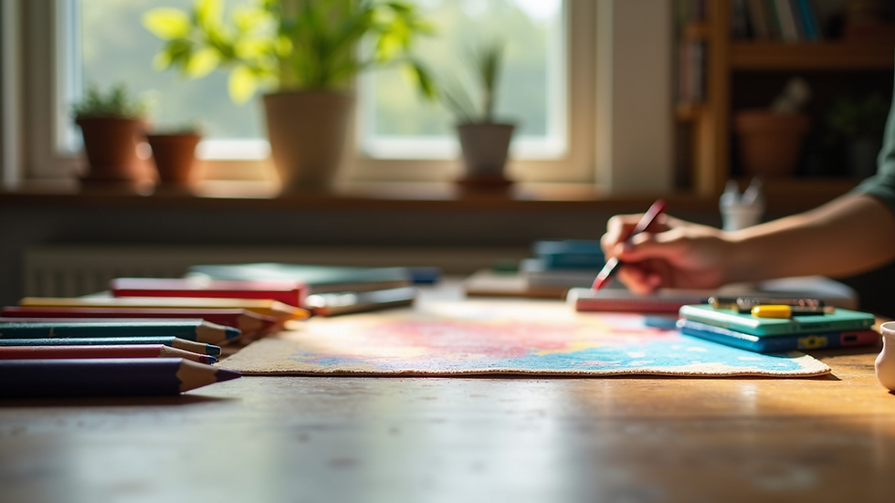 Eye-level view of colorful art supplies on a wooden table