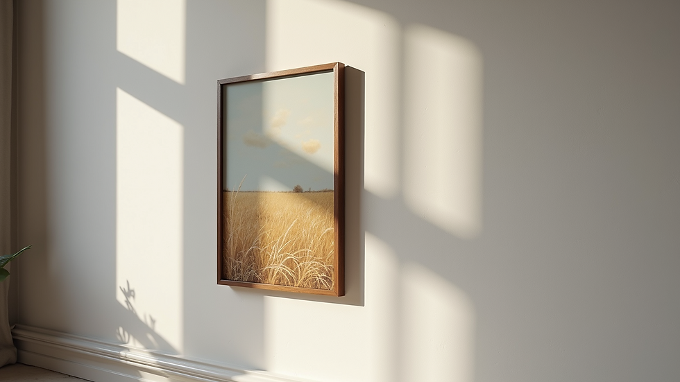 Eye-level view of a finished painting mounted on a wall