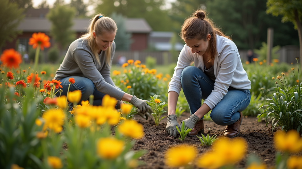High angle view of a community garden with volunteers planting flowers