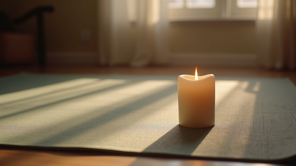High angle view of a yoga mat and a candle in a quiet room