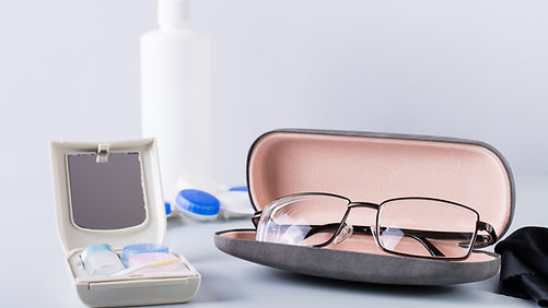 Box for storing contact lens care items and glasses in a case