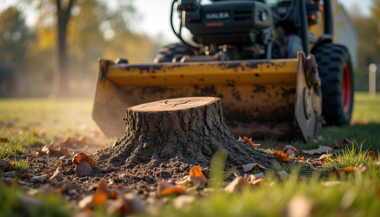 Close-up view of a stump grinder machine removing a tree stump in a backyard