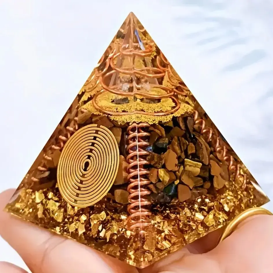 Thumbnail: Orgone Pyramid With Tiger Eye Stone Copper Spiral