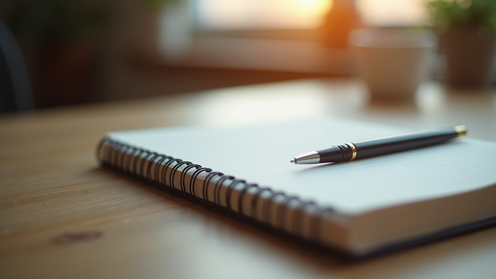 Close-up view of a journal and pen on a wooden table, symbolizing reflection and mindfulness