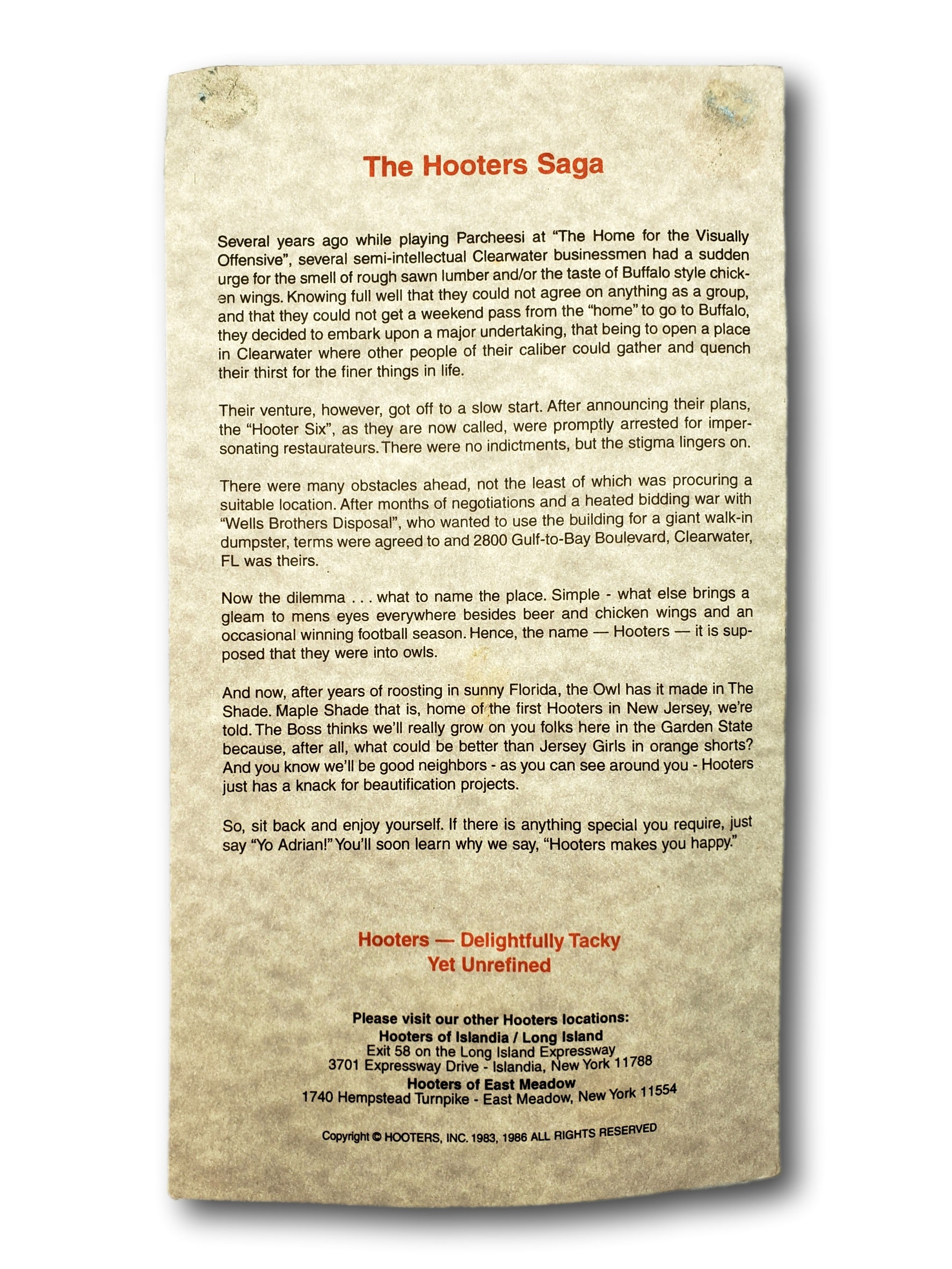 1986 Vintage Hooters Menu Maple Shade NJ Original 1980s Restaurant Ephemera