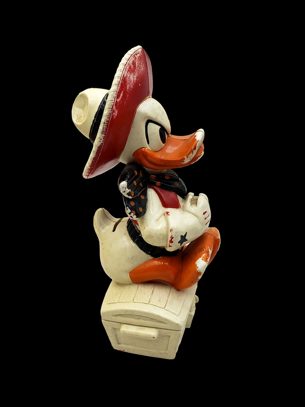 Thumbnail: 1950s Knickerbocker Donald Duck Cowboy Sheriff Hard Plastic Coin Bank – Walt Dis