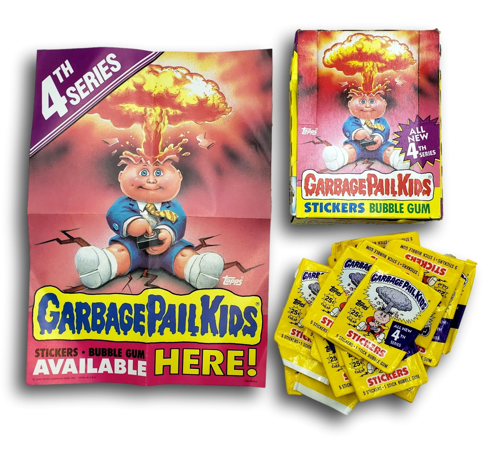 Original 1986 Garbage Pail Kids 4th Series Poster, Empty Display Box & 43 Wrappe