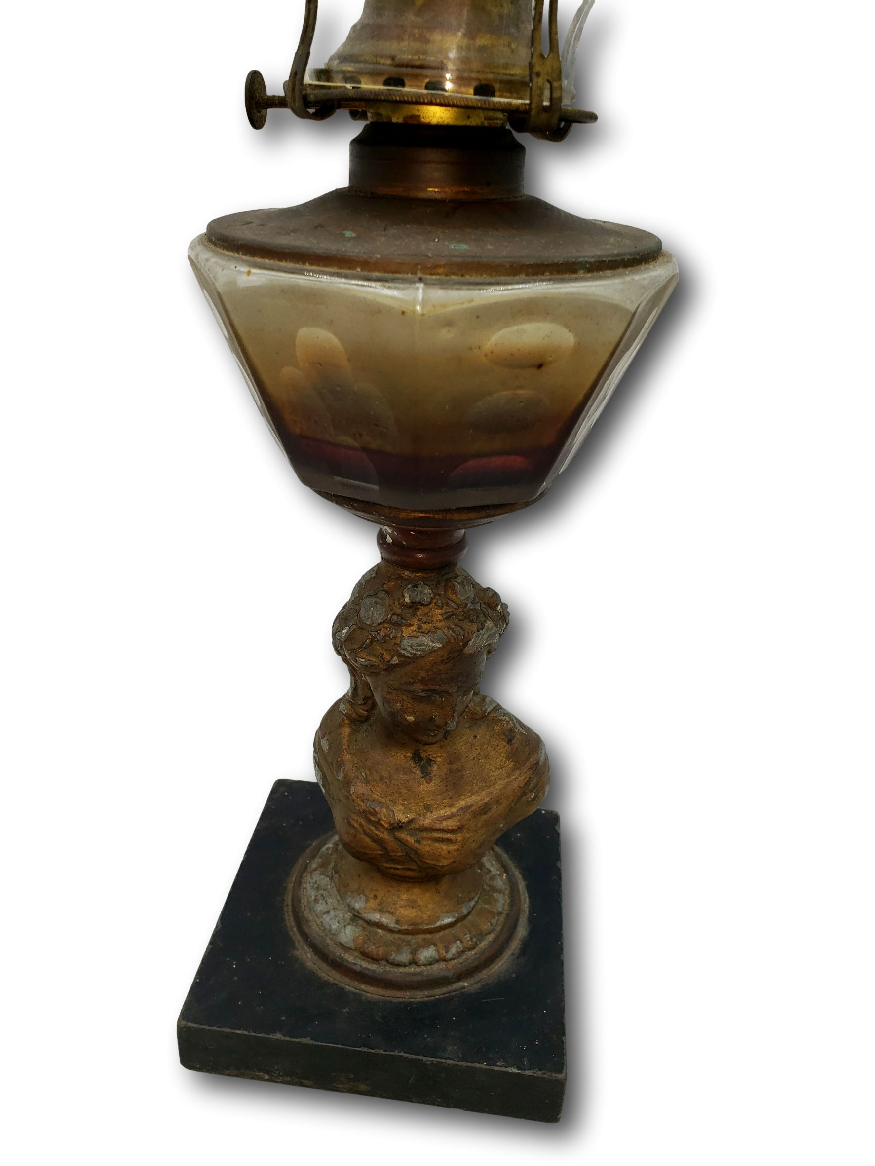 Antique Figural Bust Kerosene Lamp with Onyx Base Glass Fount Chimney and Queen