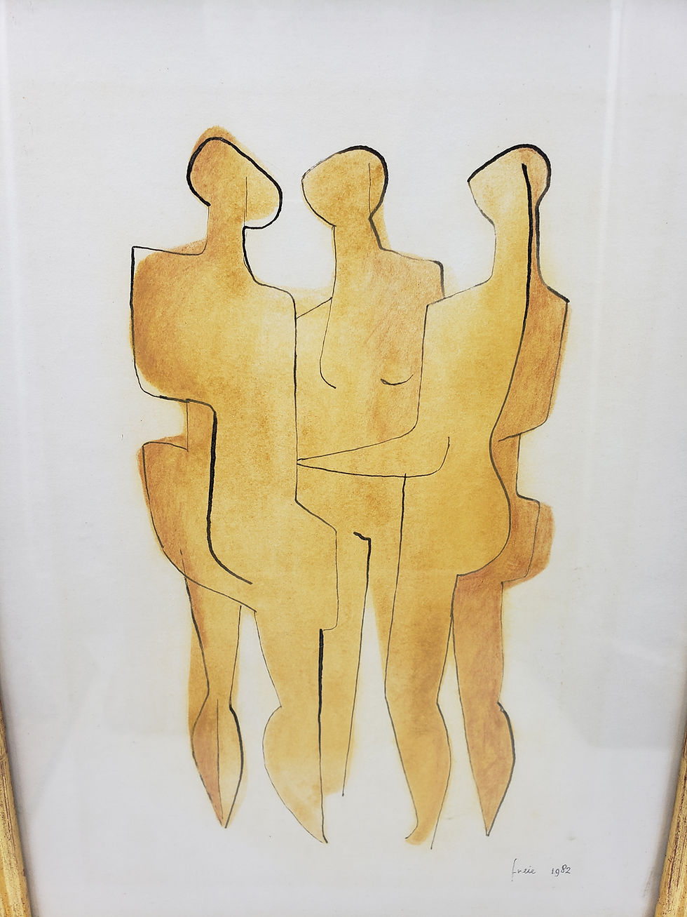 Thumbnail: Freie (1982) Original Abstract Watercolor – Three Figures – Gold Leaf Framed Mod