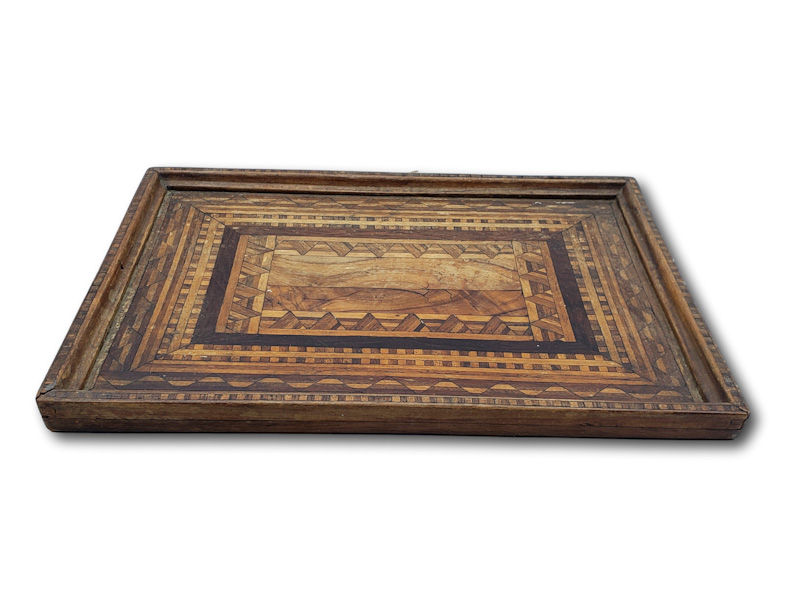 Thumbnail: Antique Wooden Parquetry Serving Tray Sorrento Style Geometric Inlay