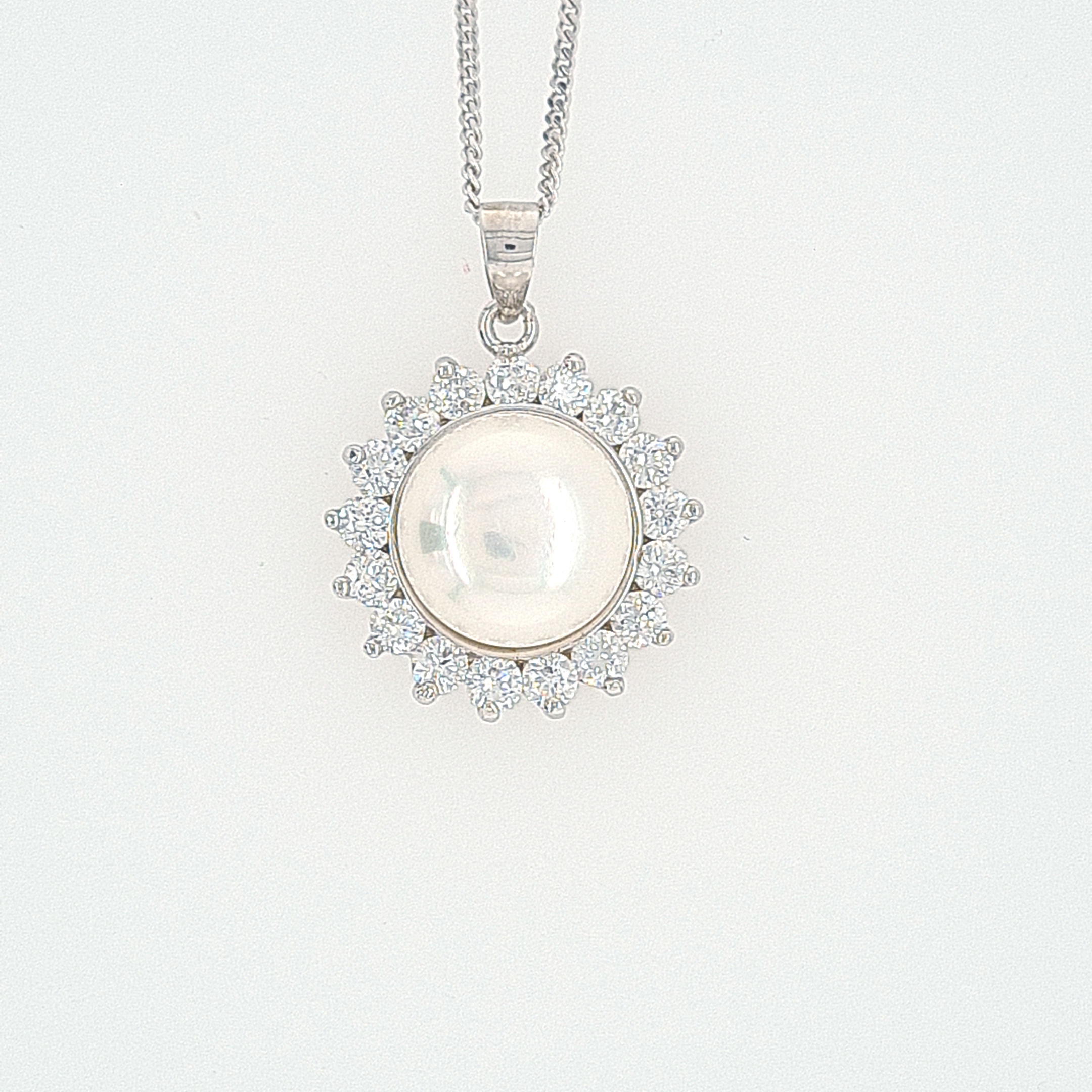 Sterling Silver With Freshwater 11mm Pearl & C Z Cluster Halo Pendant