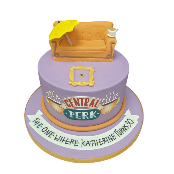 Bespoke Friends-themed cake with colorful fondant decorations and iconic Central Perk logo in Solihull, West Midlands.