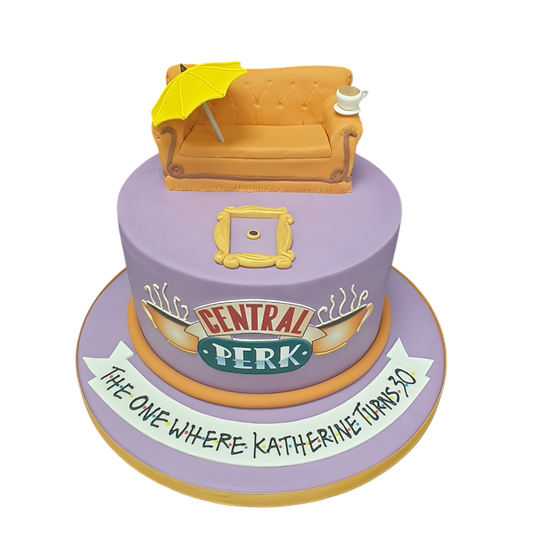 Bespoke Friends-themed cake featuring iconic Central Perk logo and colorful character silhouettes in Solihull, West Midlands.