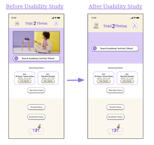 Image that shows the changes made to the home screen of the application after the completion to the second usability testing on the high fidelity prototype.